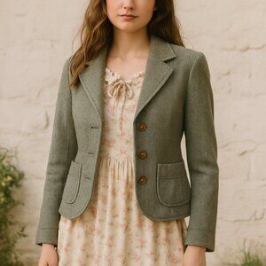 Janeville‎ Blazer Wool Herringbone Floral Liner Bow Back Cottagecore Pockets 2